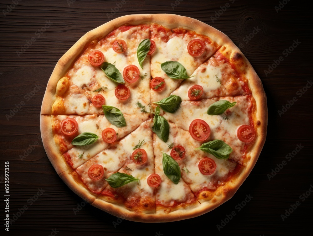 Pizza with mozzarella, tomato and basil on black