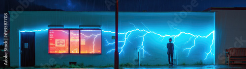 Photographer Capturing Lightning Strike Under Deep Blue Neon  Tonalist Ethereal Mood