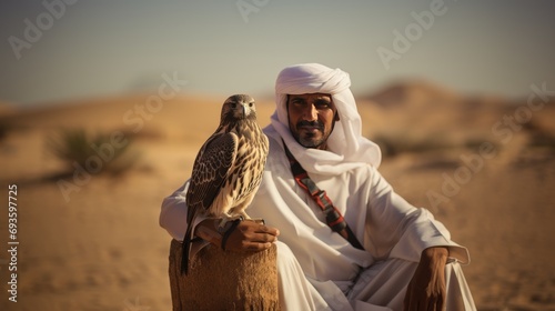 Arab man training falcon in the desert photo