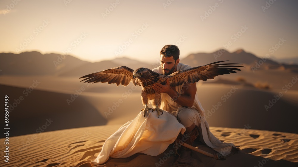 Arab man training falcon in the desert - obrazy, fototapety, plakaty 