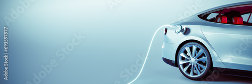 Silver electric car connected to charger on blue background with copy space. 3D Rendering, 3D Illustration