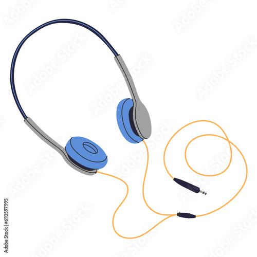 Wired earphones with ear hooks. Corded earbuds with earhook. Audio accessory, music device. photo