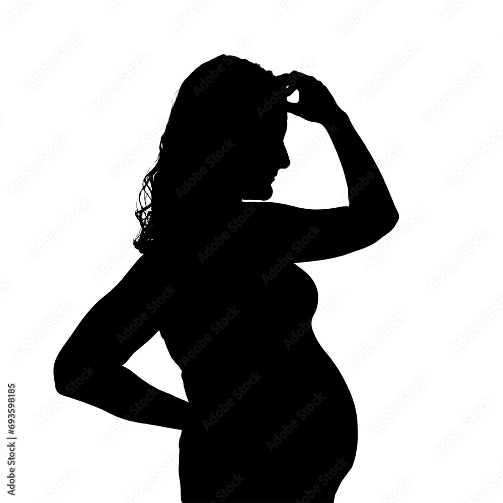 Silhouette of a pregnant woman with problems, isolated on a white background. A woman thinks and doubts during insomnia