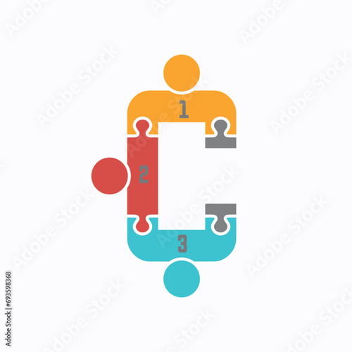 Collaborative Achievement Icon Logo - Stylized Figures on Interlocking Puzzle Pieces Forming a Letter C Symbolizing Teamwork and Goal Completion