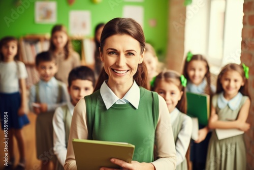 Female teacher standing in the classroom holding a folder, students in the background. Generative AI