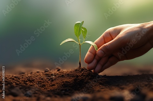 Person planting a small plant in the ground, environmental preservation. Generative AI