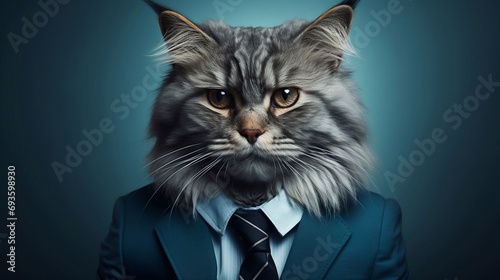 Funny cat dressed in elegant suit with nice tie. Fashion portrait, anthropomorphic animal posing with charismatic human attitude Isolated on blue background © vita555