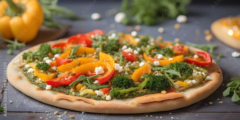 VEGETABLE FLATBREAD: roasted squash, peppers, broccolini, pesto, feta, arugula in a plate VEGETABLE FLATBREAD: roasted squash, peppers, broccolini, pesto, feta, arugula in a plate