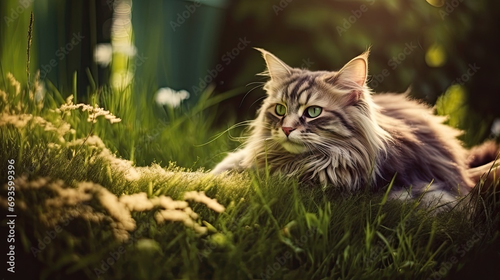 Close-up of Cute Domestic Cat with Whiskers in Grass. Generative AI