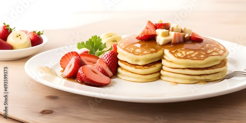 BUTTERMILK PANCAKES: Vermont maple syrup, butter, strawberries, bananas