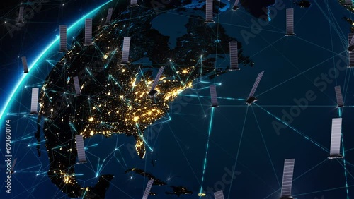 
Satellites Orbiting Earth Facilitating Telecommunication, High-Speed Internet, GPS, Surveillance. Industry And Technology Related 3D Animation. From North America to Europe.