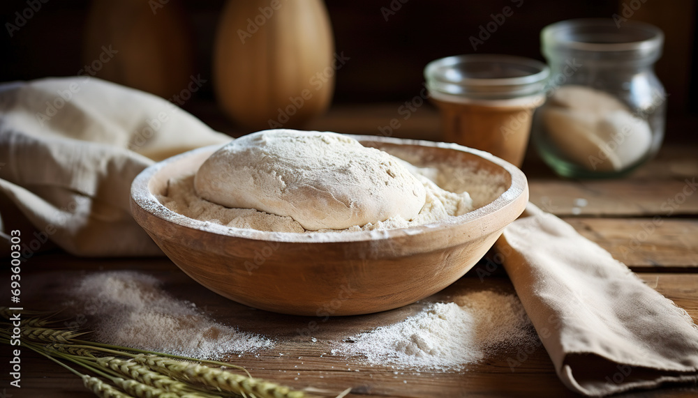 Authentic and rustic charm of artisan bread making in a wooden bowl and traditional setting Authentic and rustic charm of artisan bread making in a wooden bowl and traditional setting