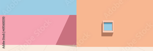 Vector horizontal banner for real estate agency. Minimalistic beige house with square window, light pink wall. Facade of entrance to shopping complex, hotel, store, store. Summer. Copyspace for text 