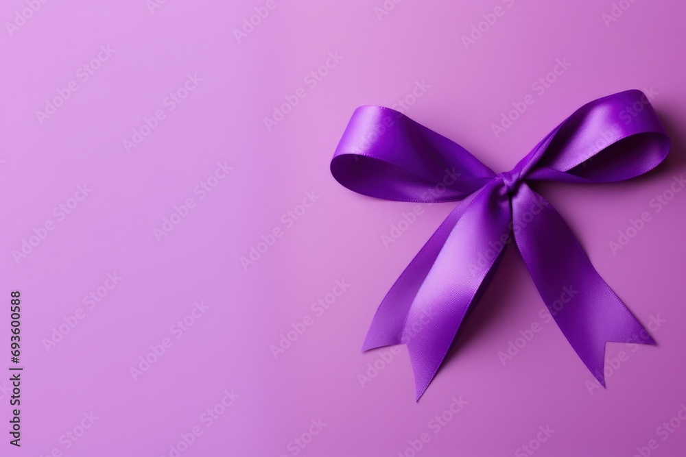 Illustration of a purple ribbon bow, purple background. Generative AI