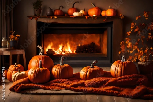 Cosy up with Pumpkin Orange, a close-up of a cozy living room with warm pumpkin orange tones dominating the decor, soft blankets and pillows, a crackling fireplace.