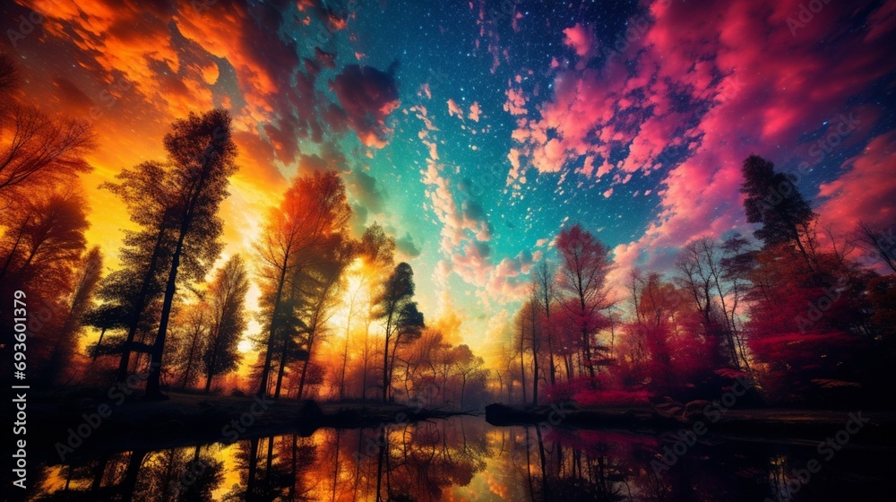 A symphony of colors graces the sky as the sun bids farewell, casting a spell over the springtime forest.