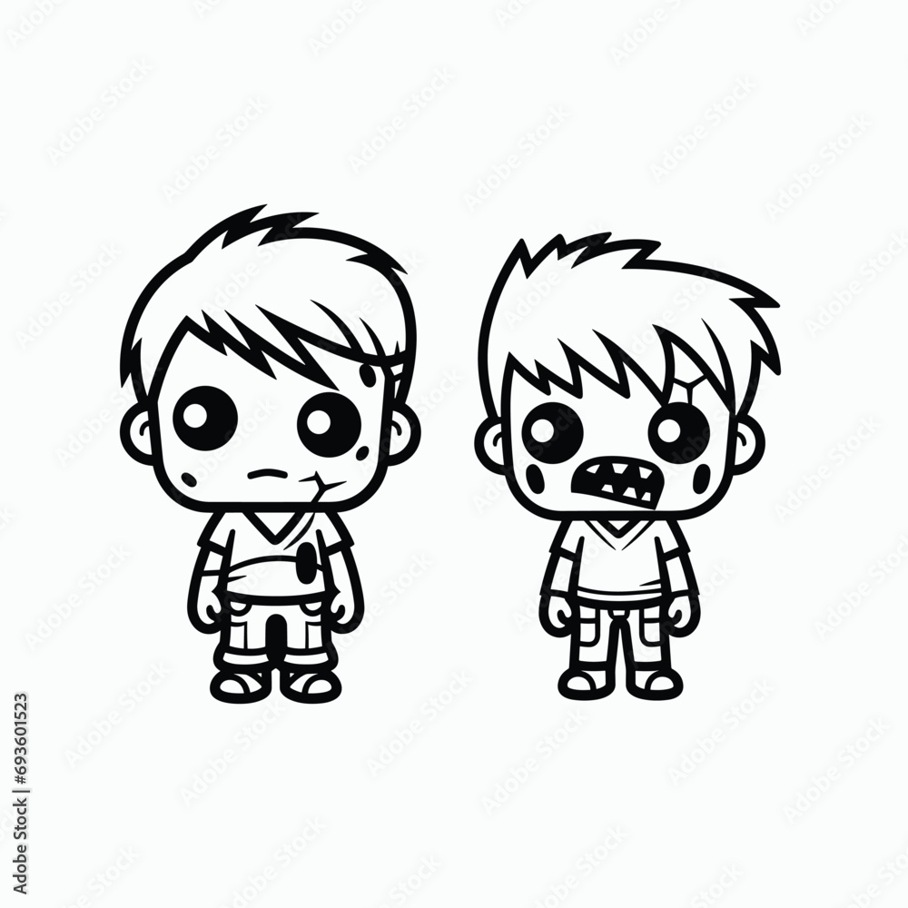 Cute Minimalist Menace Spooky,Scary, Horror Zombie Kid Boys Clip art Set Black and White and Colorful Vector Illustrations with White Background in Flat Design Cute Minimalist Menace Spooky,Scary, Horror Zombie Kid Boys Clip art Set Black and White and Colorful Vector Illustrations with White Background in Flat Design