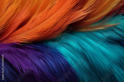 Blue, purple and orange feathers backdrop. Luxurious fibers, dark orange and light cyan background.