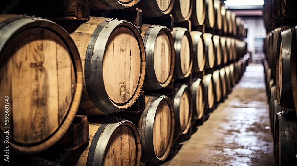 Whiskey, bourbon, scotch or wine barrels in an aging facility. Wooden wine barrels in perspective. Wine vaults. Vintage oak barrels of craft beer or brandy.