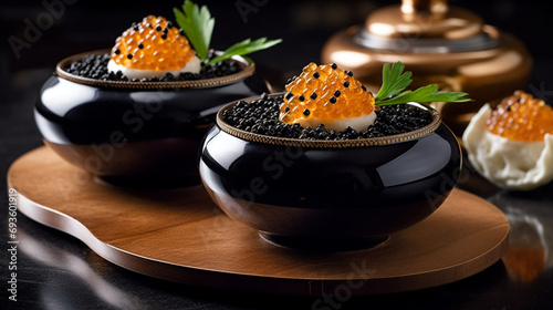 Salmon red caviar and sturgeon black caviar dish severed in a steel plate in a luxurious restaurant. Generative AI photo
