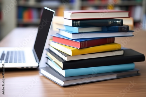  books and laptop, education technology concept
