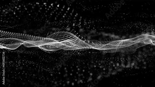Flowing white dots and particles on a black background. Abstract digital particle and dot wave light abstract background, animation cyber, or technology background. 3D abstract animation