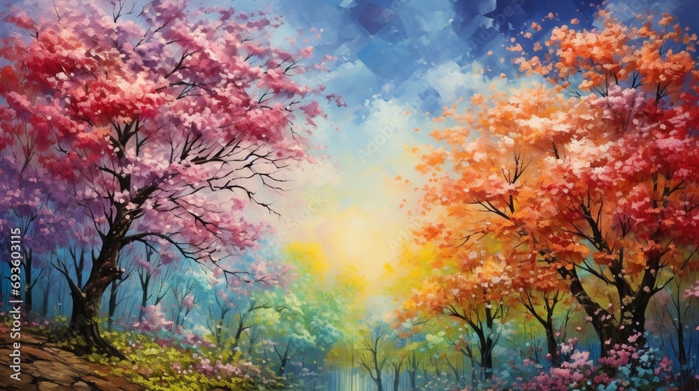 A symphony of colors unfolds in the sky, creating a mesmerizing backdrop to the blossoming trees in spring.