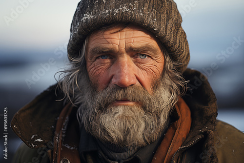 portrait of old man against the backdrop of a blurred winter landscape photo