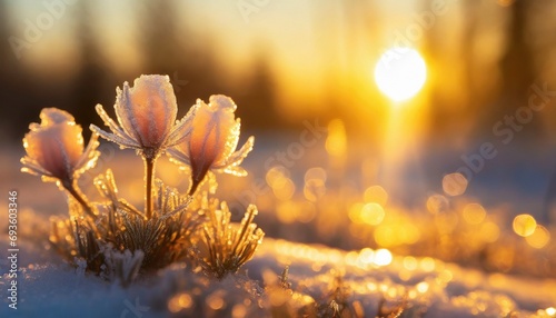Winter landscape. Frozen flower - selective focus. Winter scene.	
 photo