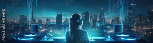 DJ Mixing Tracks at Rooftop Party with Deep Blue Neon and Tonalist Ambiance