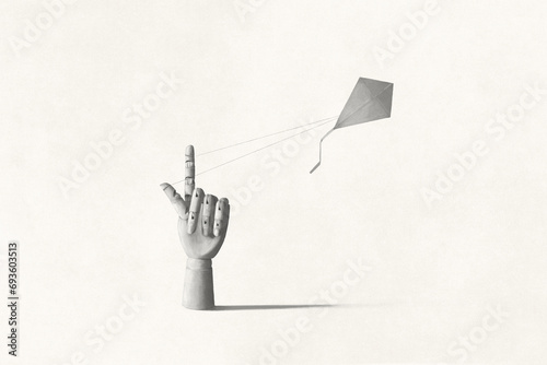 Illustration of wooden hand driving kite up to the sky, surreal concept