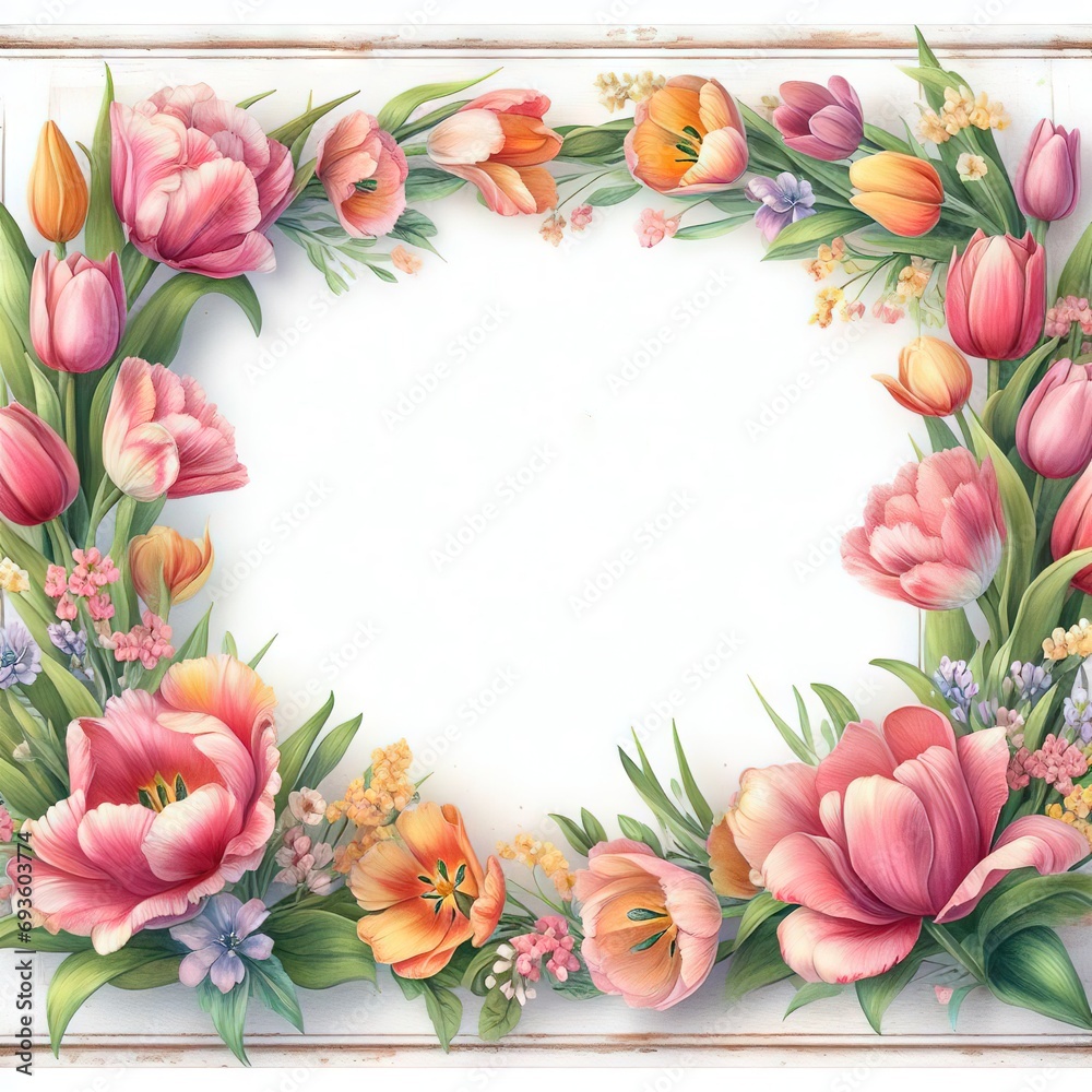 Beautiful bouquet flowers watercolor frame, greeting card concept for Women's Day or March 8