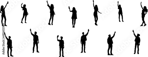 Vector Set Of People Taking Class Selfie Silhouettes Illustration Isolated On White Background.