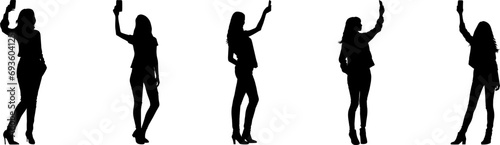 Women taking selfie and talking on mobile phone. Set of women taking selfie silhouette vector illustration.