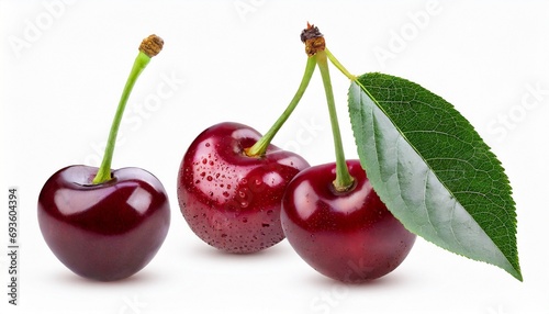 Cherry with leaf isolated on white background. Red cherries.