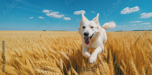 Un chien de race berger blanc suisse courant dans un champ de blé photo
