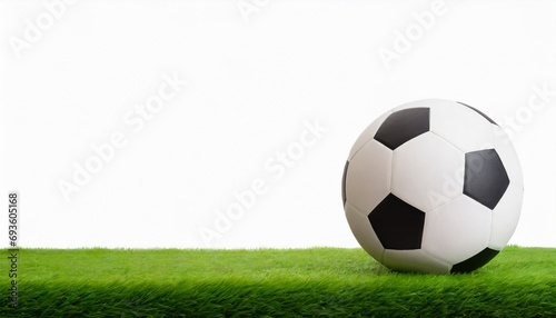 Soccer ball green grass floor and white background  text space
