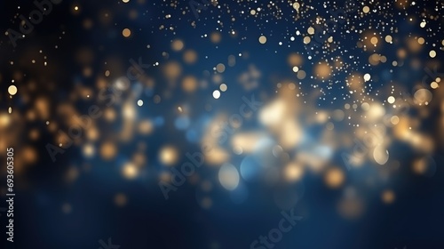Abstract particle dark blue and glow glitter wave and light bokeh background..