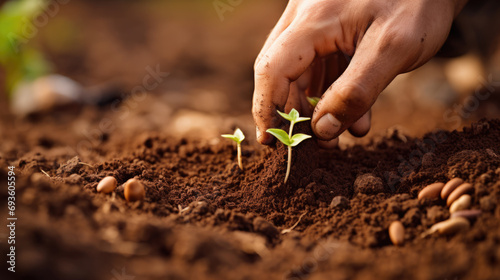 Person's hands planting a young seedling in soil