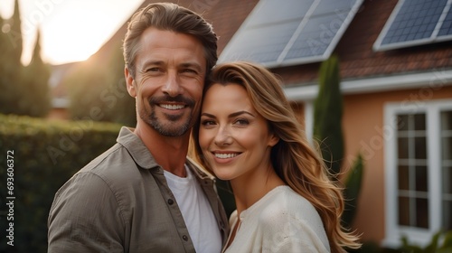 A happy couple stands smiling in the driveway of a large house with solar panels installed. Eco-friendly home concept 