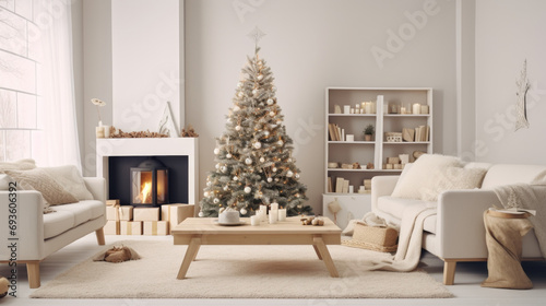 White room with stylish modern Christmas and new year interior design comeliness