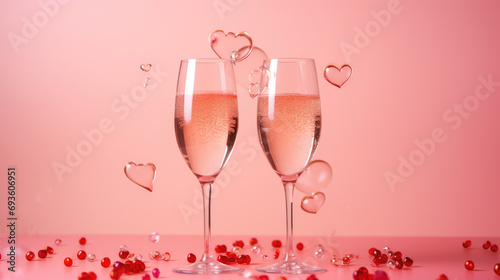 Champagne glasses with sparkling liquid, accompanied by red heart-shaped decorations on a reflective pink surface