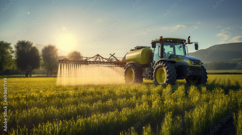 Fototapeta premium Tractor in the middle of a field, spraying crops with a boom sprayer