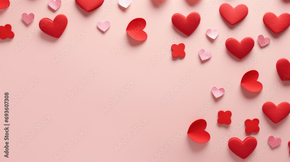 Red and pink fabric hearts scattered across a soft pink background