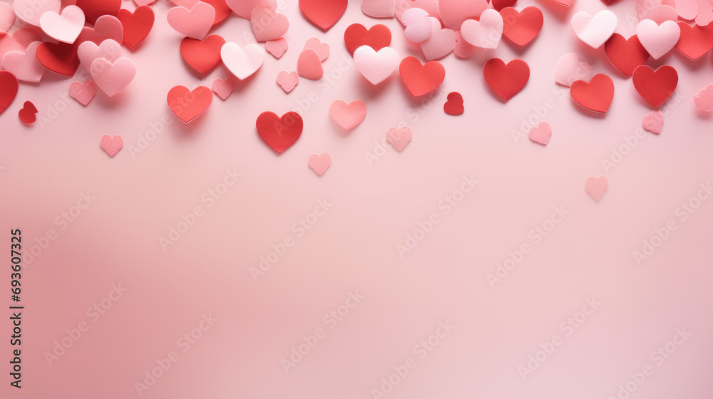 Red and pink fabric hearts scattered across a soft pink background Red and pink fabric hearts scattered across a soft pink background