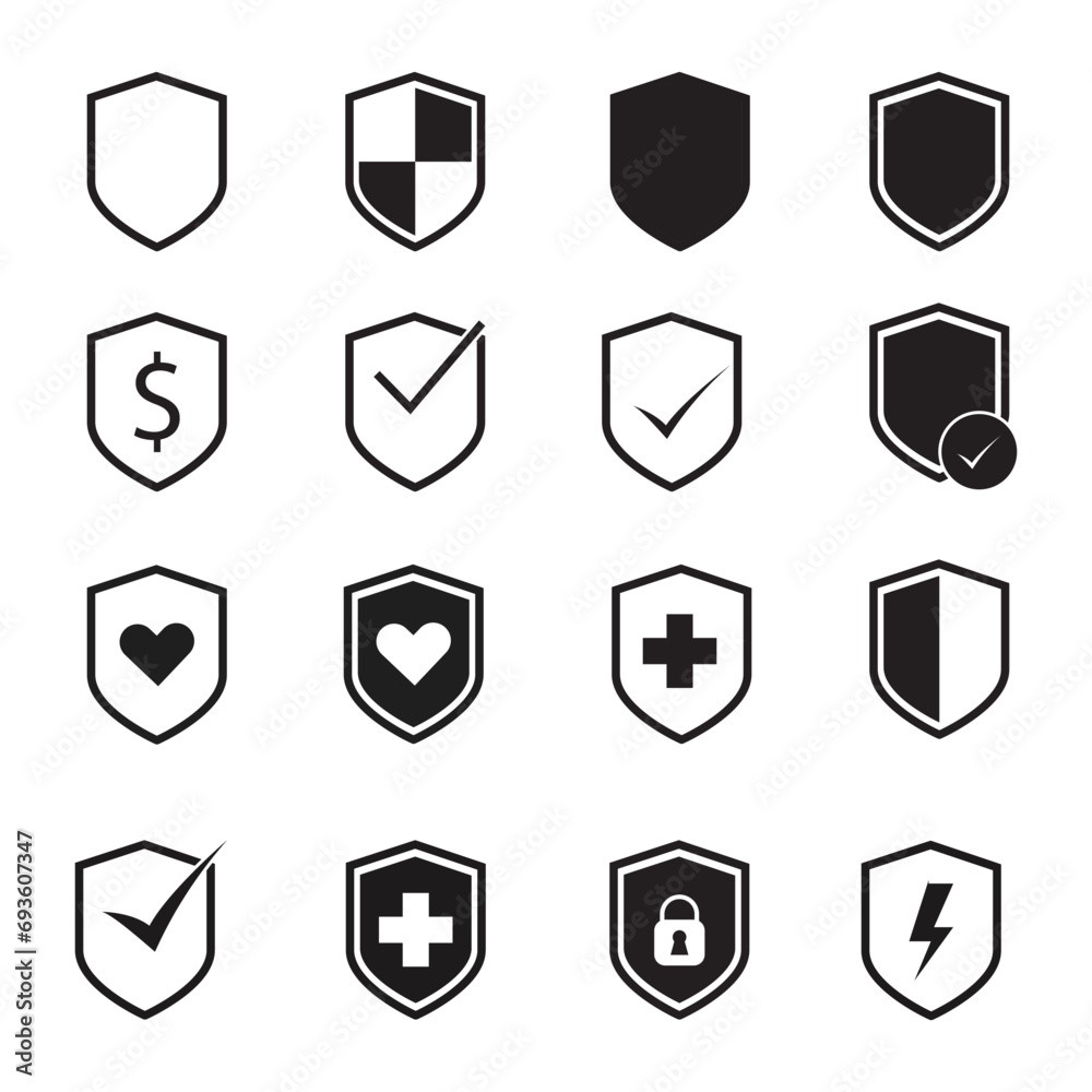 Set of security shield icons, security shields logotypes with check ...