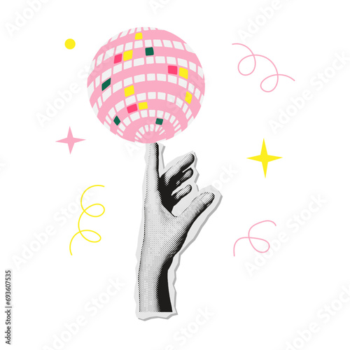 Hand handing disco mirror ball on finger. Colorful halftone mixed media style design. Merry Christmas collage paper sticker.