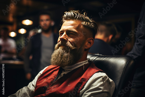 Hairdressing salon barbershop for men's beard care, beautiful stylish hipster haircut. AI generated. photo