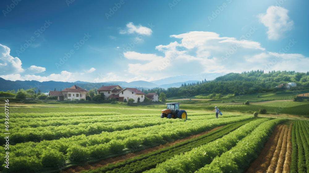 Tractor in the middle of a lush green field under a clear blue sky, indicating active work in agriculture and farming.