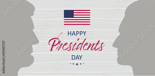 Happy Presidents Day banner. Congratulations on the federal holiday in America. Banner with silhouettes of faces US presidents. Profile Lincoln, Washington on wooden background.